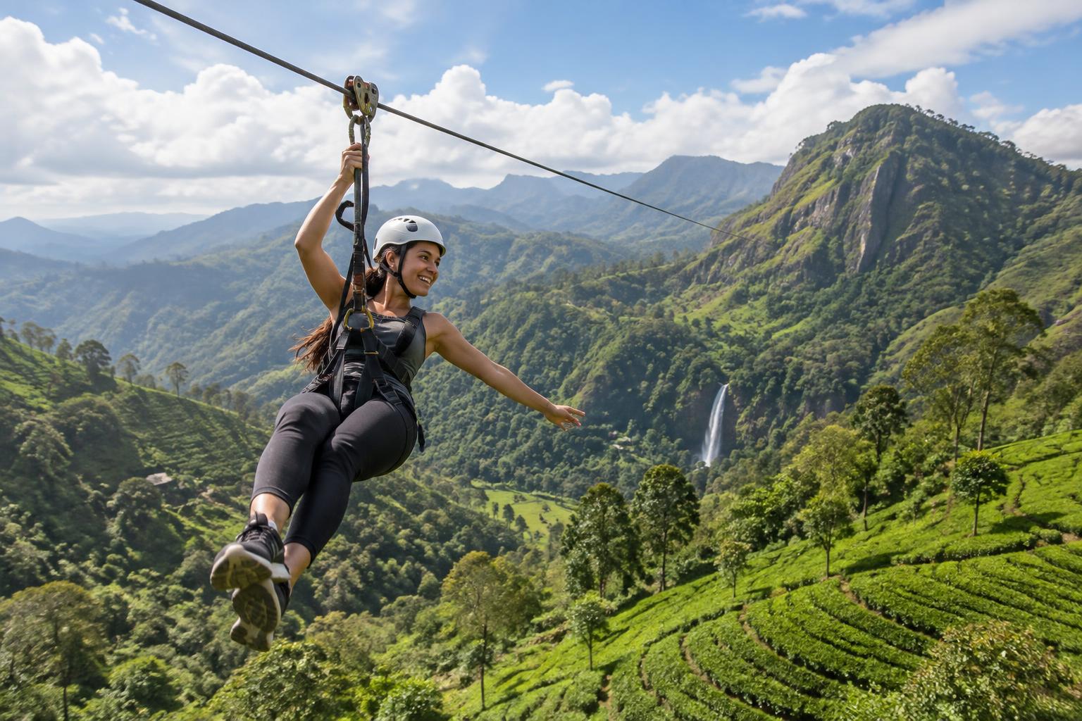 Traveler ziplining above Ella's green mountain landscape