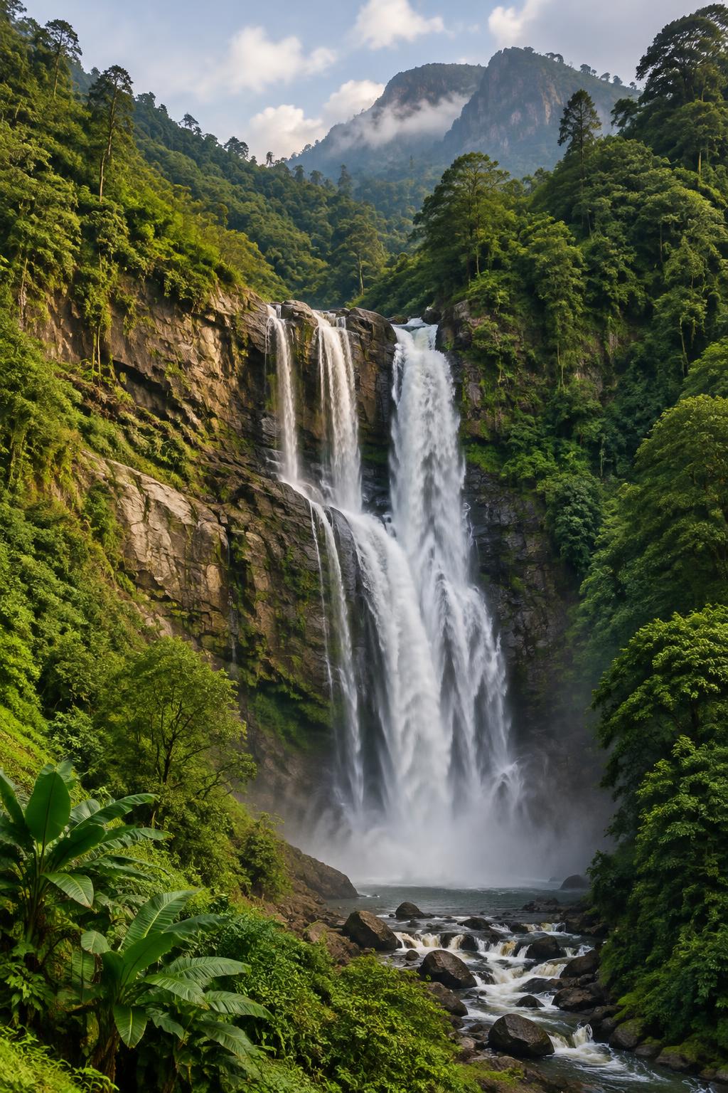 Ramboda Falls surrounded by lush forest