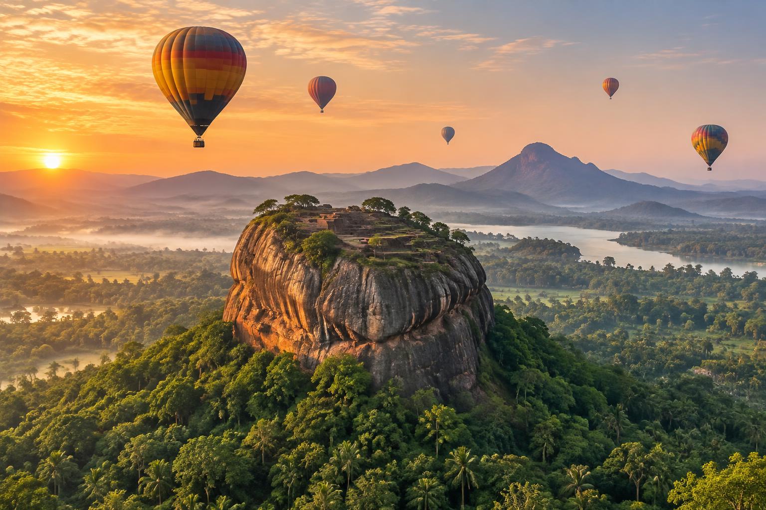 Hot air balloons flying above Sigiriya at sunrise